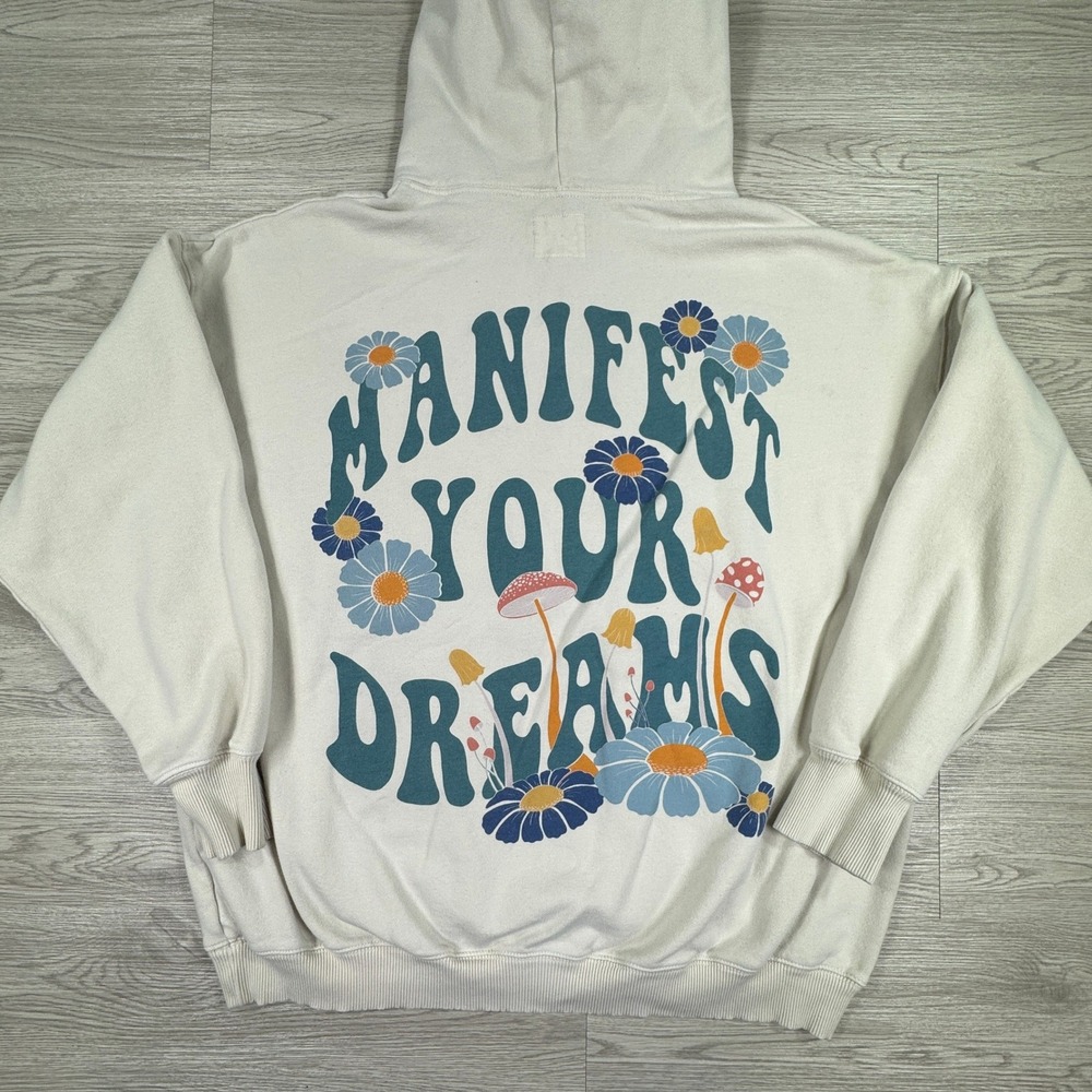 American Eagle Womens Hoodie Manifest Your Dreams Mushroom Cream Medium Graphic